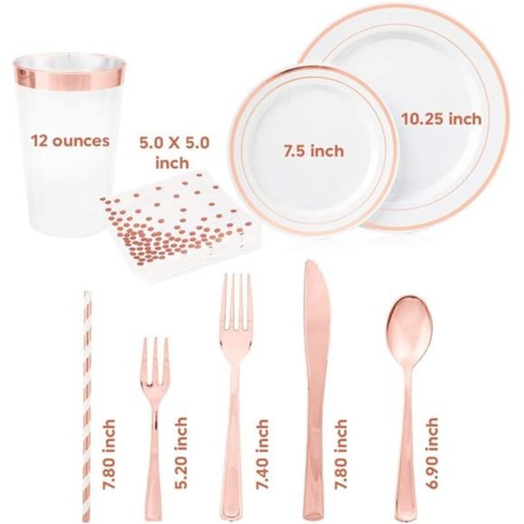 250Piece Disposable Rose Gold Plastic Dinnerware Set-50 Rose Gold Plastic Plates - Picture 5 of 6